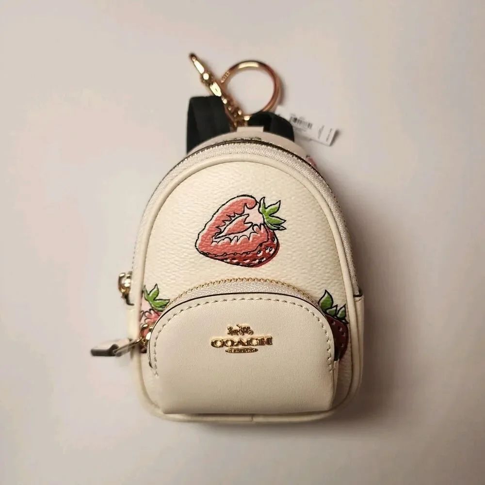 NWT Coach CAO93 Mini Court Backpack Bag Charm with Strawberry Print V2